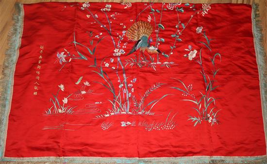 A Chinese embroidered silk wall hanging panel, c.1925-30, length 390cm (2)